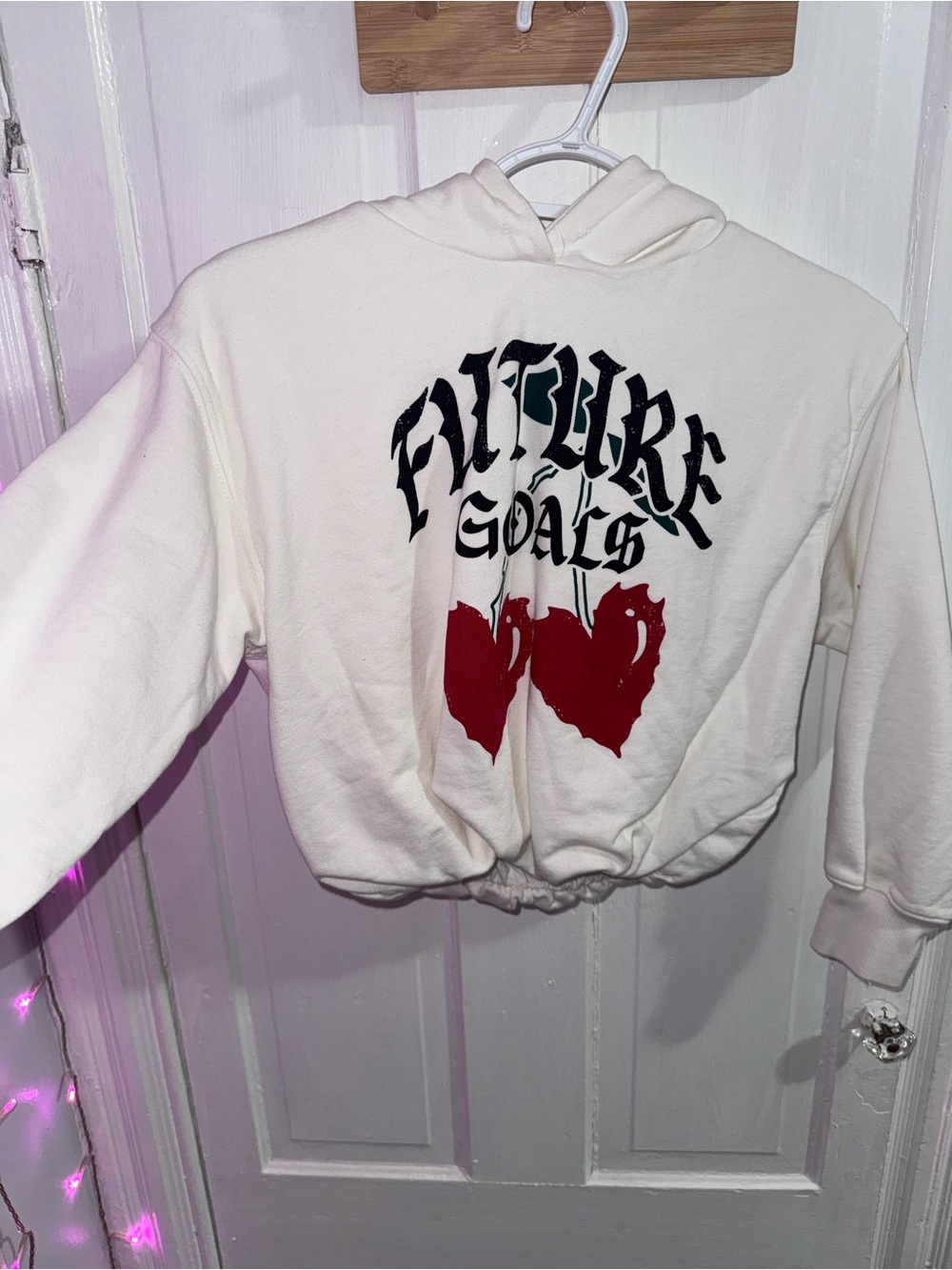 Zara Cream Hoodie with Black Script and Red Heart Graphic